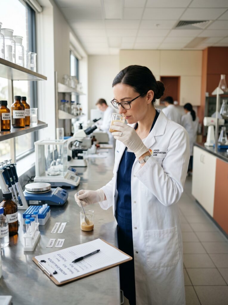 Sensory specialist smelling a sample in a food innovation lab