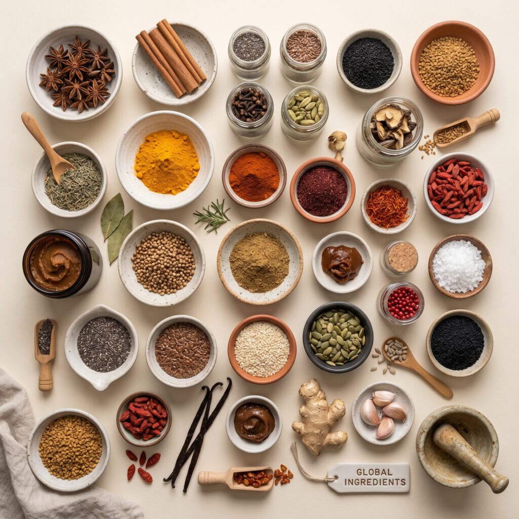 Overhead view of global ingredients and spices