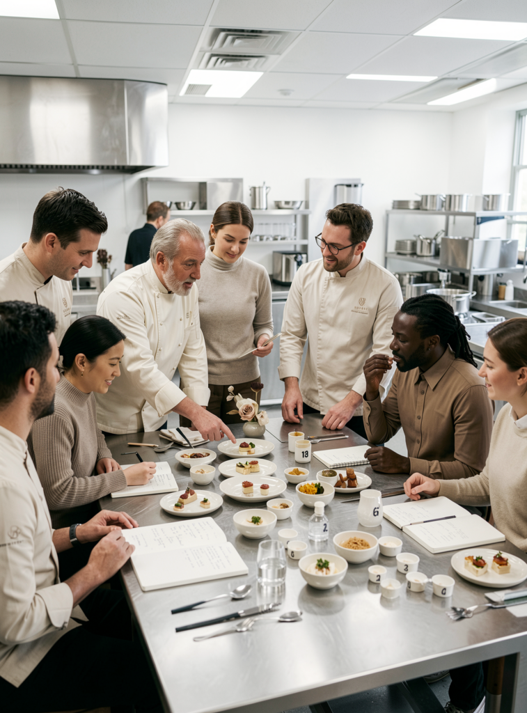 Group of chefs evaluating dishes at a tasting panel