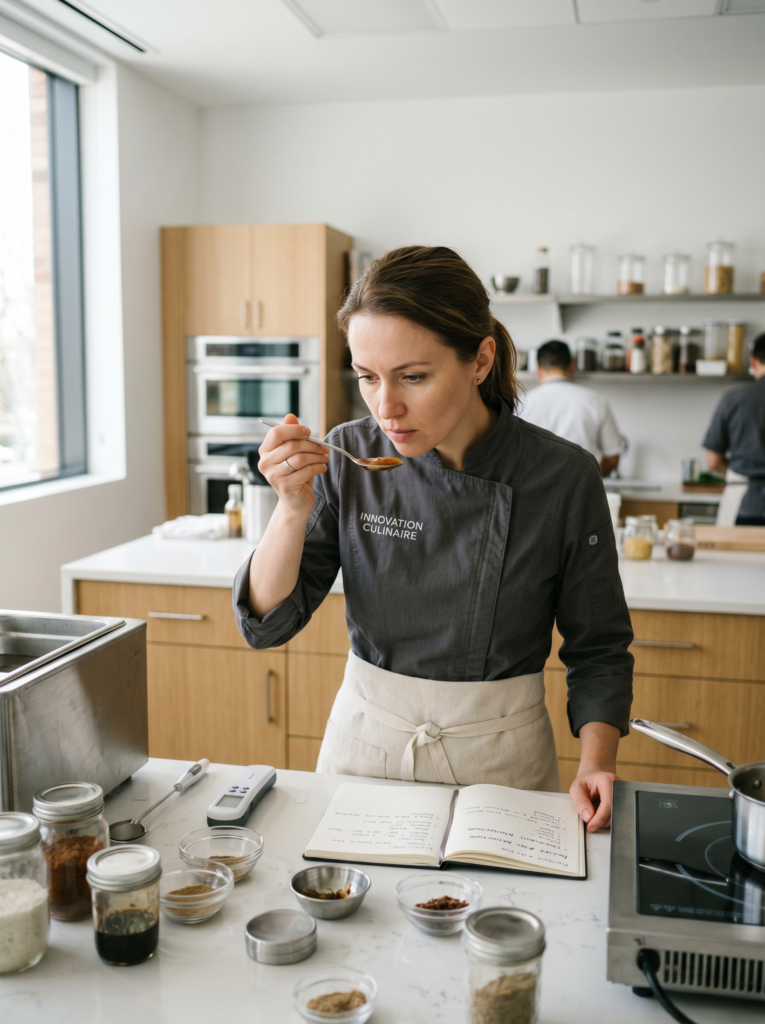 Chef tasting a sample while reviewing notes