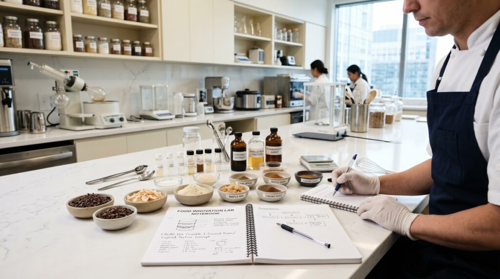 Food innovation lab with notebook and ingredients