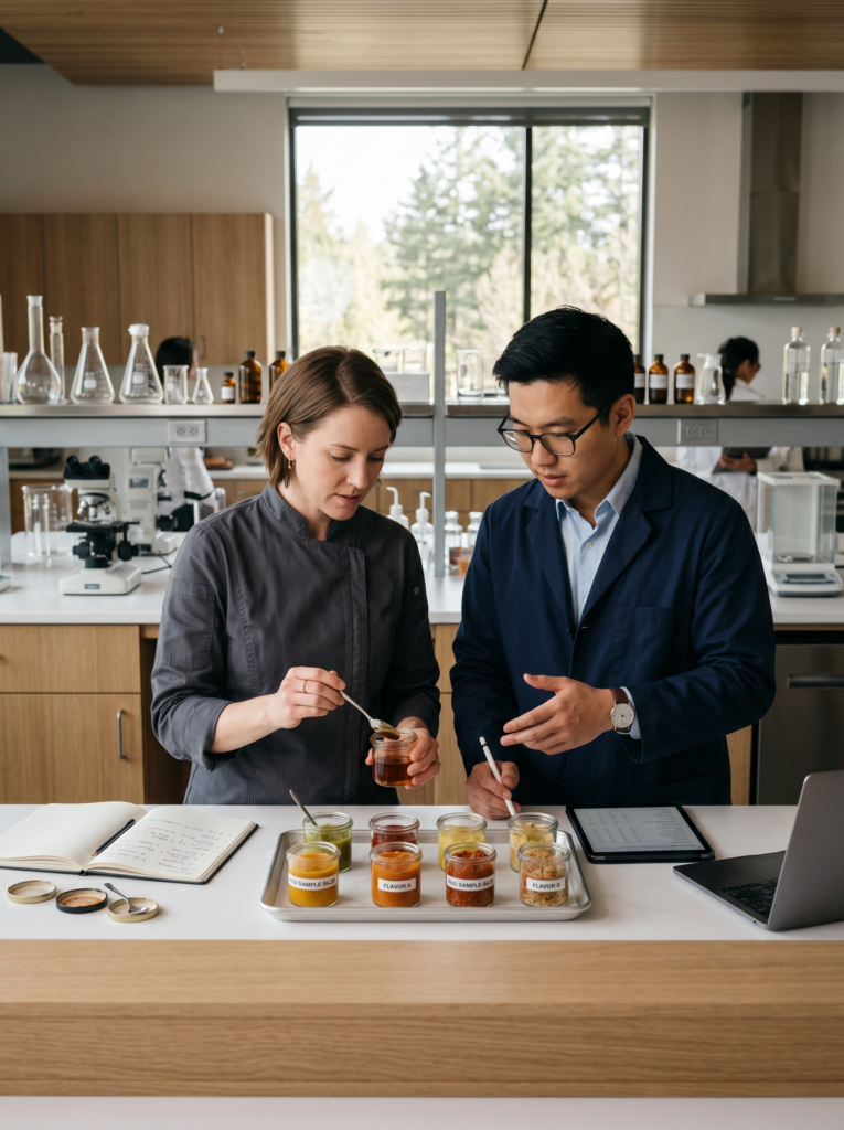 Two specialists evaluating flavour samples in a lab