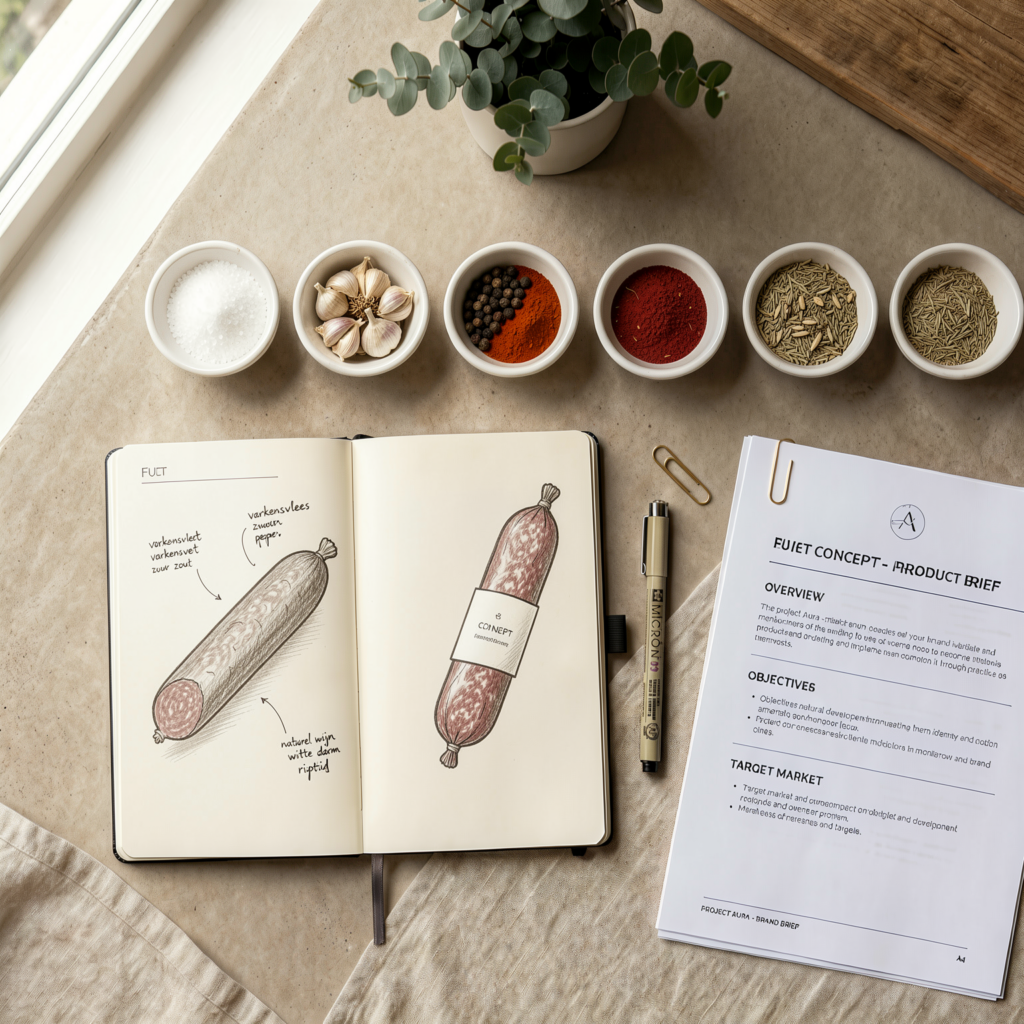 Design notebook with product sketches on a linen surface